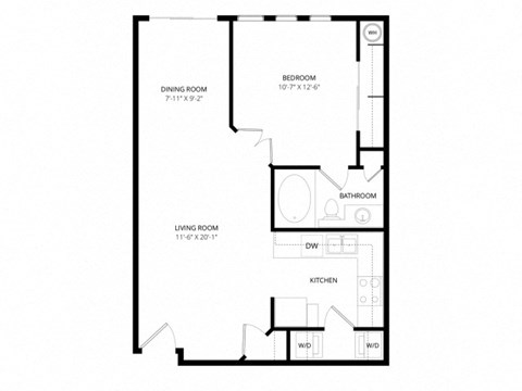 Floor plan for 1 bed, 1 bath, 654 sqft
